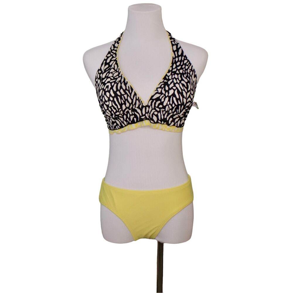 24th & Ocean Black Yellow Ruffle Moderate Coverage Bikini Swimsuit MEDIUM Beach